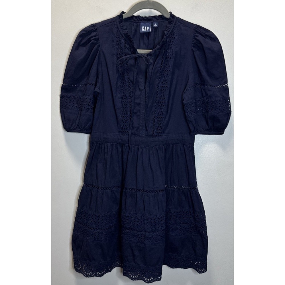 Gap Dress Women's XS Navy Blue Puff Sleeve Lace Accents Separate Slip Lining